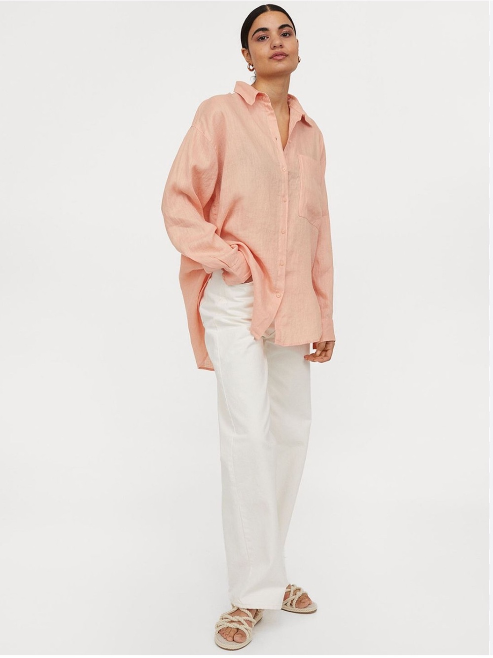 H&M Woman Linen Light Peach Button-Up Oversized Shirt